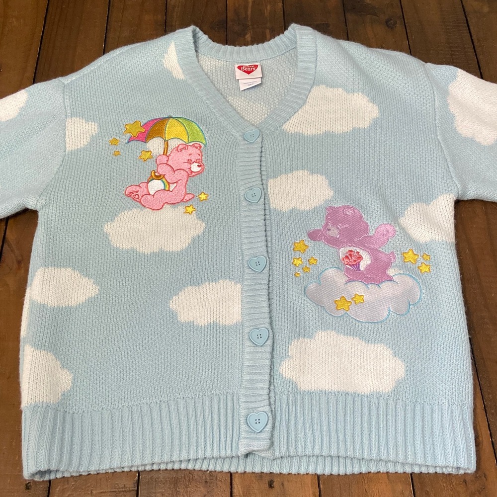 Care Bears Hot Topic Blue Cloud Knit Cardigan Sweater Heart Buttons Small